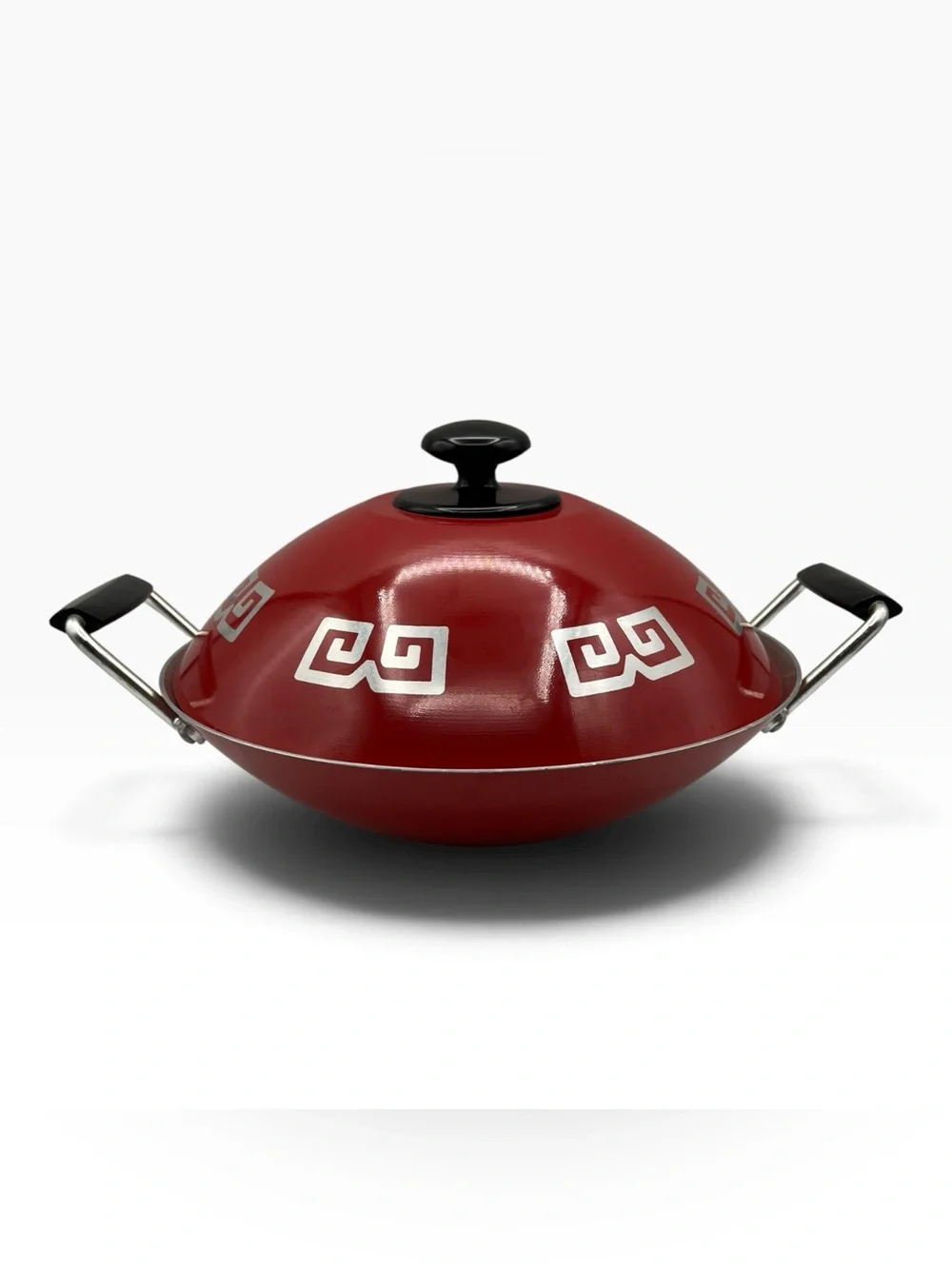 Vintage mid century modern Alluminum Wok Red Greek Key Round Bottom Stovetop Pan